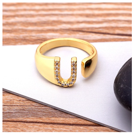Fashion Chunky Wide Hollow A-Z Letter Gold Color Opening Ring Initials Name Alphabet Female Jewelry U