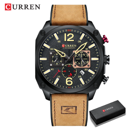 Curren Men's Watches Fashion Casual Quartz Sporty Wristwatches 2021 Male Chronograph Leather Luminous Waterproof Watch BROWN