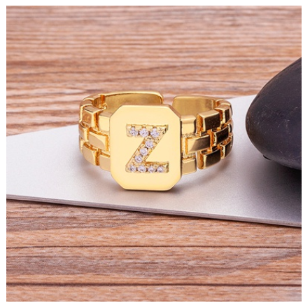 New Arrival Fashion Gold Color Initial Ring Open Design Adjustable Hot Sale A-Z Letters Zircon Rings For Women Z