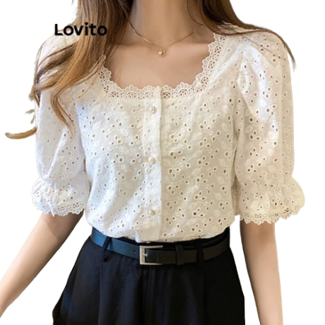 Lovito Casual Plain Eyelet Embroidery Pearl Buckle Contrast Lace Blouses for Women LNE16069 (White)