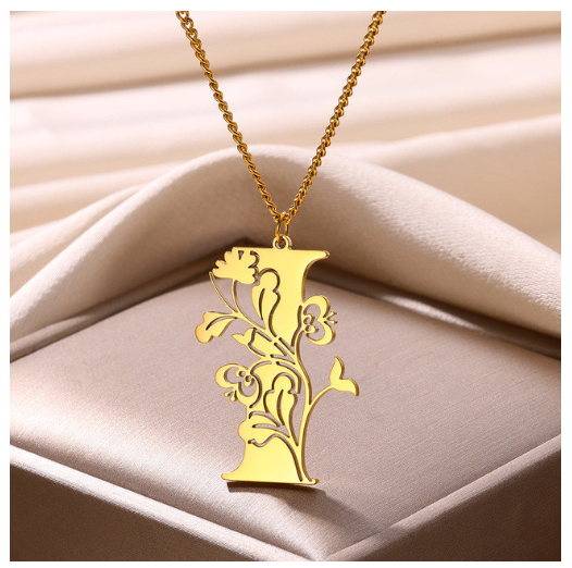 Beauty Flower A-Z Letter Necklaces for Women Men Stainless Steels Flower Initial Pendant Necklace I