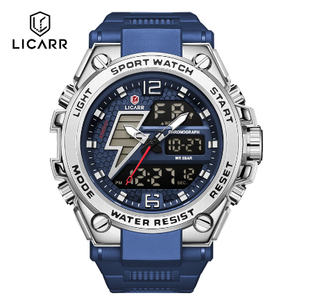 LICARR Brand Men's Watches Original Analog Digital Fashion Casual Sports Men's Watch Stopwatch Waterproof Date Alarm 9513 SILVER BLUE
