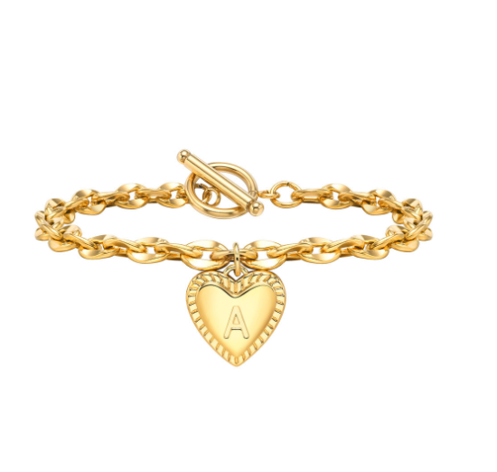 Vnox A-Z Letter Heart Charms Bracelet for Women Girl 18K Gold Elegent Love Stainless Steel Link Chain Initial Jewelry Birthday Present A