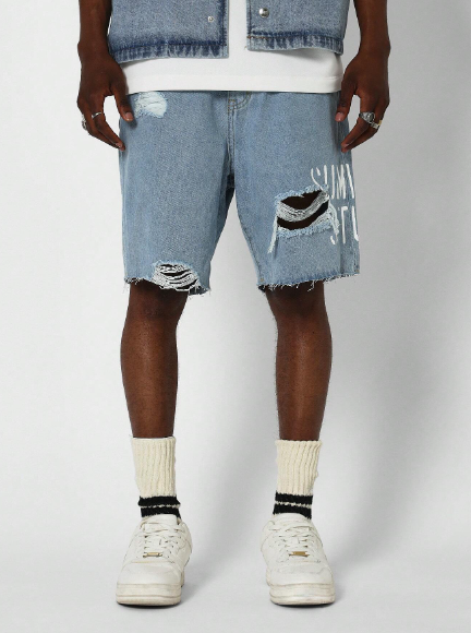 SUMWON Denim Distressed Short With Graphic