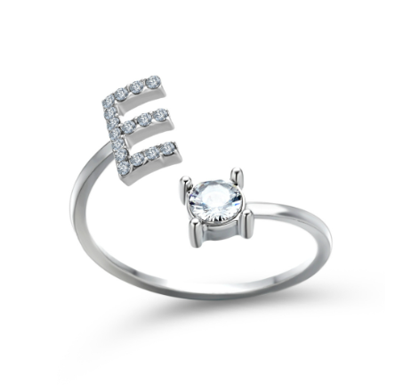 Silver A-Z Letters Ring for Women Cubic Zirconia Initial Letter Ring Fashion Jewelry Gift Adjustable E