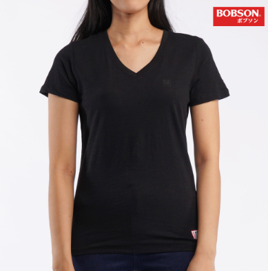 Bobson Japanese Ladies Basic V-Neck T-Shirt For Women High Quality Regular Fit 106605-U Black