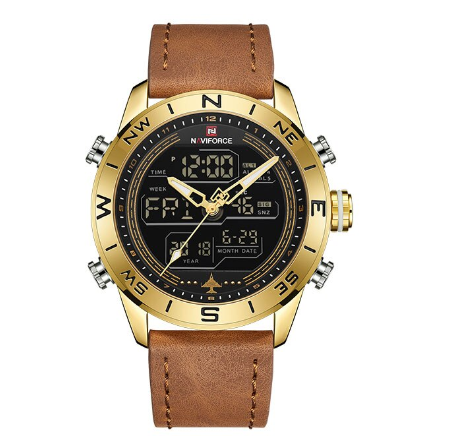 Naviforce Nf9144 Men Fashion Gold Sport Led Digital Quartz Army Military Leather Analog Watches GOLD BROWN