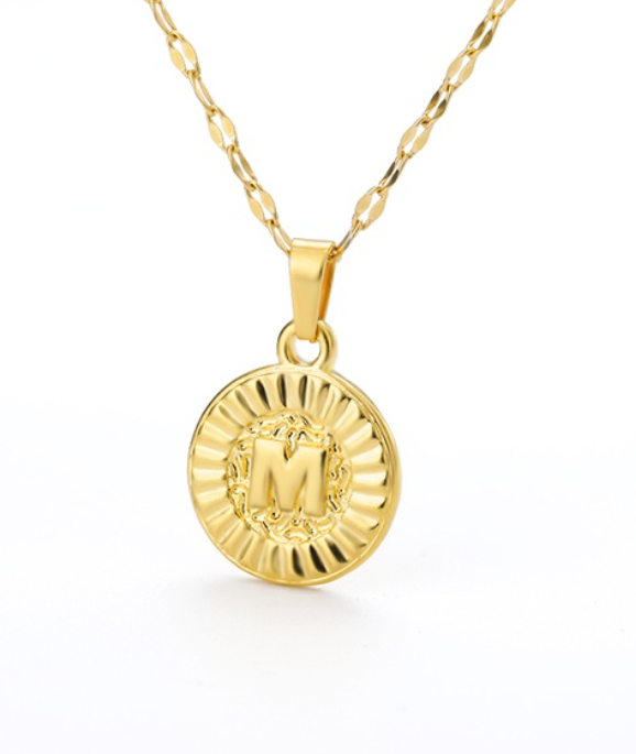 Maxzone A-Z Initial Round Letter Pendant Necklace For Women Stainless Steel Gold Choker Coin Letter Necklace M
