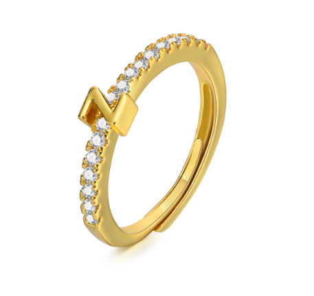 Vnox 26 Lettes Gold Luxury Ring,Shiny Zircon Initial Ring,Opening Adjustable Rings for Women Z