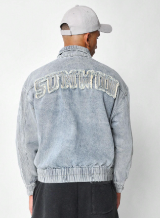 SUMWON Bomber Denim Zip Through Jacket With Letter Applique Print