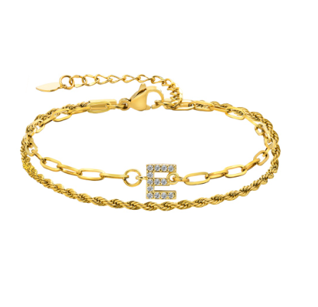 Vnox Letter Double Layer Braelet,18K Gold Fried Twistsed Paper Clip Zirconia Initial Stainless Steel Chain Link for Women E