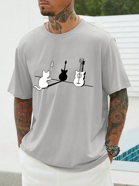 Manfinity Homme Men's Plus Size Cat And Guitar Print Short Sleeve T-shirt