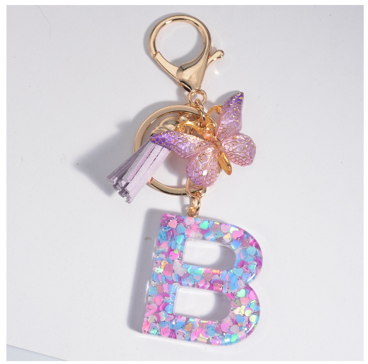 Sweet Heart Sequin Filled A-Z Letter Keychains With Tassel Fashion Butterfly 26 Alphabet Keyring Car Keyholder Birthday Gifts B