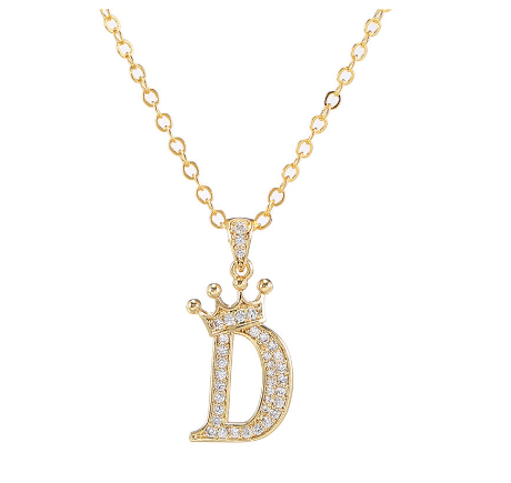 Luxury Crystal Zircon Alphabet Pendant Necklaces for Women Men Gold Crown Initial Letter Necklace D