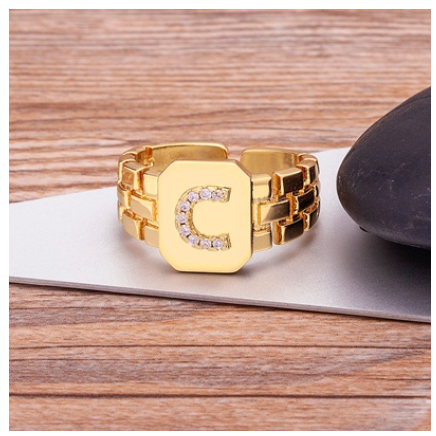 New Arrival Fashion Gold Color Initial Ring Open Design Adjustable Hot Sale A-Z Letters Zircon Rings For Women C