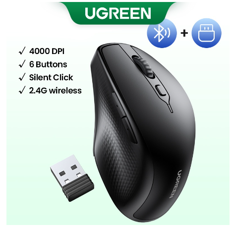 UGREEN Wireless Bluetooth Mouse with 5 Silent Buttons 2.4G Bluetooth 5.0 and USB Mini Receiver 4-Level DPI Ergonomic Mouse Compatible for PC/Mac/Linux Laptop