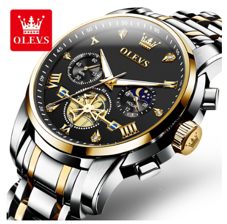 Olevs Watch For Men Waterproof Original Quartz Luminous Stainless Steel Multifunctional Watch BLACK DIAL TWO TONE