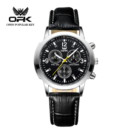 OPK Men's Watch Waterproof Original Quartz Luminous Calendar Stainless Steel Watch BLACK DIAL BLACK LEATHER STRAP