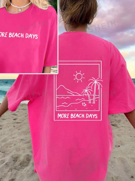 SHEIN EZwear Beach Time T-Shirt For Women Coconut Girl Shirt, Coast Girl Beach Shirt With Combined Letter Graphic Print, Summer Casual Round Neck Short Sleeve Tee