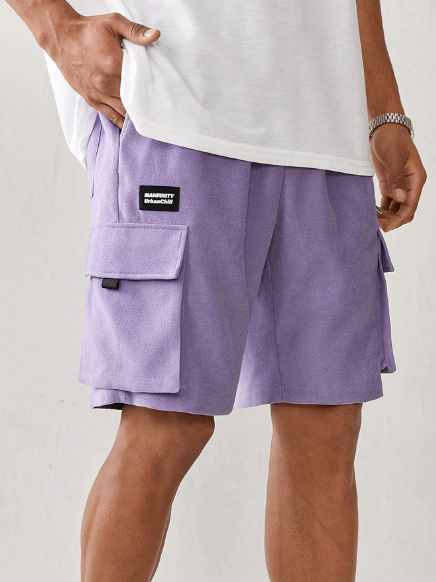 Manfinity UrbanChill Men Spring Summer Woven Casual Plaid Detail Work Shorts Baggy Drawstring Cargo Cool Plain Light Purple Urban Fashion Friends