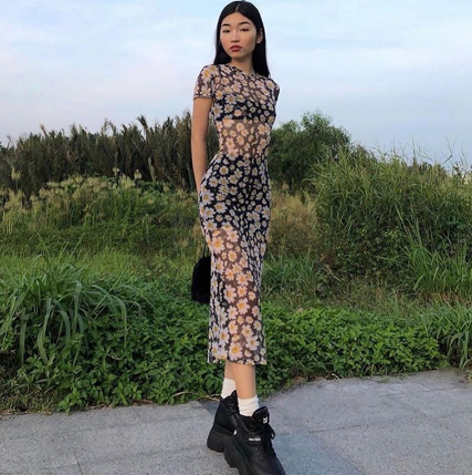 Sexy Ladies Mesh Daisy Print Slim Dress