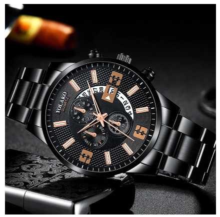 YOLAKO Stainless Steel Men's Quartz Sport Waterproof Watch Men Relo Watch STEEL BLACK ROSEGOLD