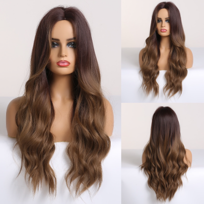 Aurora Ladies Wig Gradient Dark Brown Middle Part Long Curly Hair European Style Big Wave Wig
