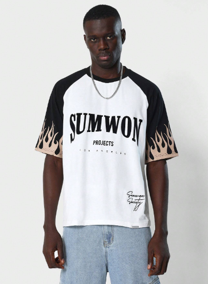 SUMWON Raglan Tee With Los Angeles Graphic Print, Embroidery Number Applique & Sleeve Flame Graphic Print
