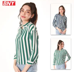 BNY Ladies Rayon Vertical-Striped Long-Sleeve Button-Down Long-Sleeve Shirt 078