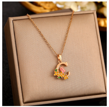 26 Letter Gold Pendant Necklace Dropped Oil Flower Animal Letter Necklace Fashion Men's and Women's Gift Wholesale C