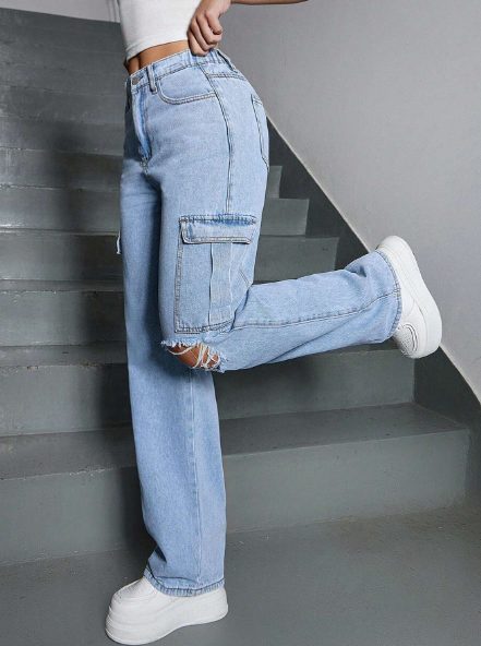 SHEIN Teen Girls' Y2K Casual Streetwear Style Denim Jeans With Multiple Pockets Cargo Pants, Washed & Ripped Texture,Girl's Spring Summer T Boho Baggy Pants