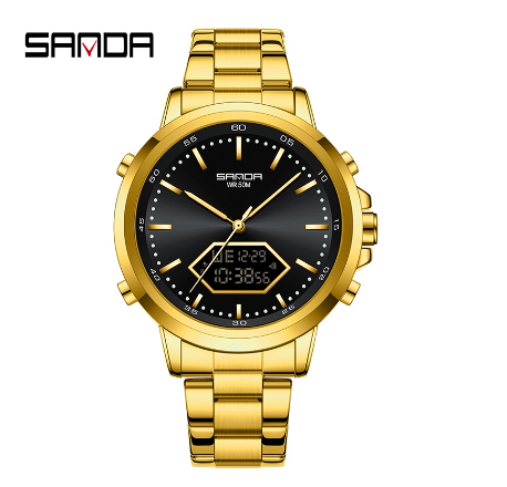 Sanda Waterproof Round Men's Fashion Quartz Watch Stainless Steel Strap Outdoor Watch GOLD STEEL STRAP