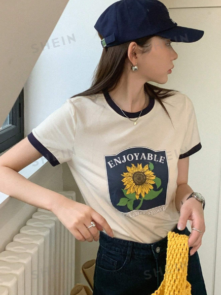 DAZY Sunflower & Letter Graphic Contrast Trim Tee