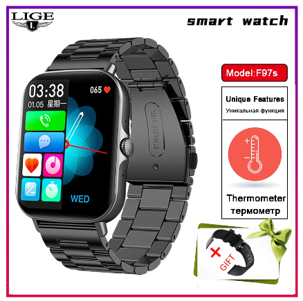 LIGE Men Smart Watch 1.69 Color Screen Full Touch Sport Fitness Tracker Bluetooth Call Smart Wrist Ladies Smartwatch STEEL BLACK