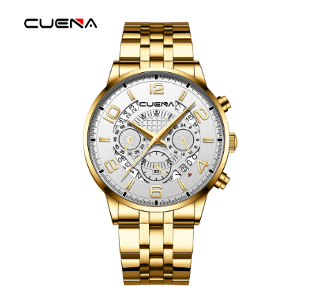 CUENA Original Brand New Men's Watch Luxury Automatic Calendar Fashion Business Sports Stainless Steel Wristband Waterproof Watch GOLD WHITE