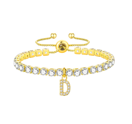 Vnox Cubic Zircon Letter Bracelet for Women Girl,18K Gold Handmade Initial Tennis Shiny Wedding Chain Link Jewelry Gift D