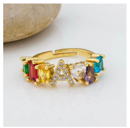 Hot Sale Adjustable A-Z 26 Initial Ring Bohemian Copper Zircon Rainbow Letter Rings for Women Girls Jewelry A