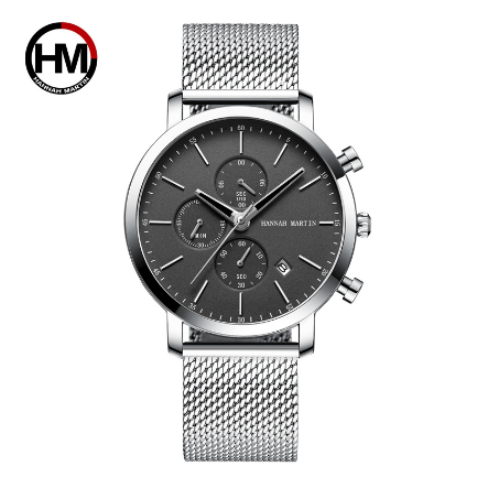 Hannah Martin Men Casual Watch Big Dial Stainless Steel Waterproof Wristwatch Multifunctional Chronograph Business Watch SILVER GRAY