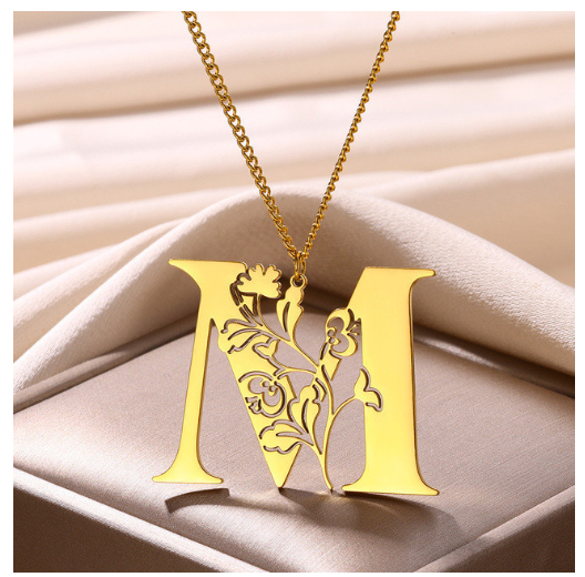 Beauty Flower A-Z Letter Necklaces for Women Men Stainless Steels Flower Initial Pendant Necklace M