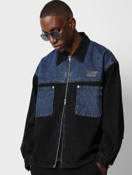 SUMWON Boxy Fit Colour Blocked Zip Through Denim Shirt