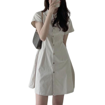 Lovito Women Casual Plain Button Front Basic Dress LNE33084 (Khaki/Off White)