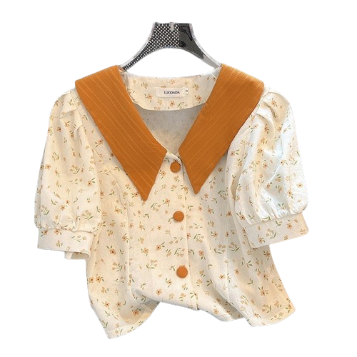 Lovito Casual Ditsy Floral Colorblock Puff Sleeve Contrast Collar Blouse for Women LNA16038 (Multi-color)