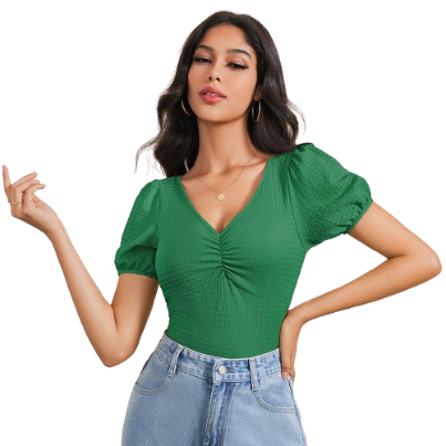 Lovito Women Drawstring Puff Sleeve T-Shirt LBE03060 (Green)