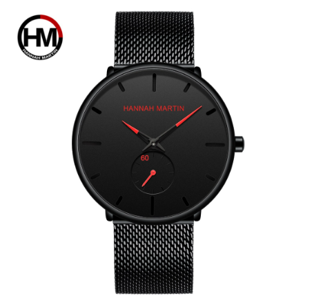 HANNAH MARTIN Fashion Watch For MEN Business Causal Waterproof Watches Stainless Steel Starp JAPAN Movement Quartz Watch RED