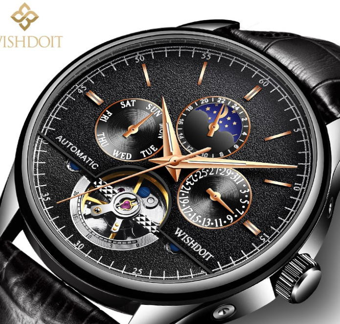 WISHDOIT Watch For Men Original Waterproof Leather Strap Business Fashion Luminous Automatic Mechanical Wristwatch ALL BLACK