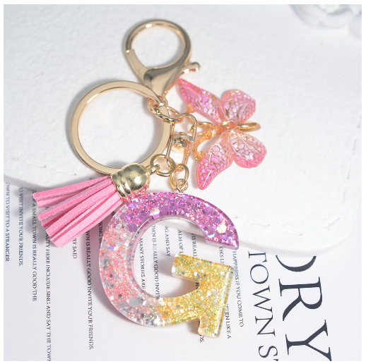 Glitter Sequin Filled 26 Letter Keychain With Tassel Exquisite Butterfly A-Z Alphabet Keyrings Women Bag Pendant Ornaments Gifts G