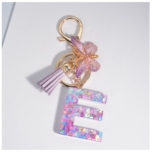 Sweet Heart Sequin Filled A-Z Letter Keychains With Tassel Fashion Butterfly 26 Alphabet Keyring Car Keyholder Birthday Gifts E