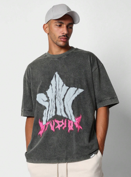 SUMWON Oversized Fit Washed Tee With Front Embroidery Print