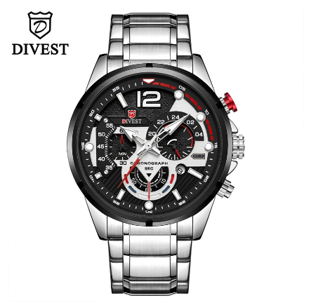 DIVEST Luxury Brand Men's Watches Original Fashion Chronograph Luminous Business Men Watch Casual Sport Waterproof Watch SILVER BLACK