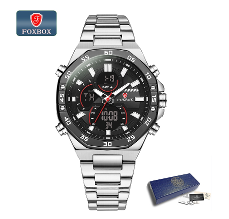 FOXBOX Luxury Men Digital Watch Fashion All Steel Dual Display Watch For Men Casual Waterproof Sports Chronograph Wristwatch SILVER BLACK